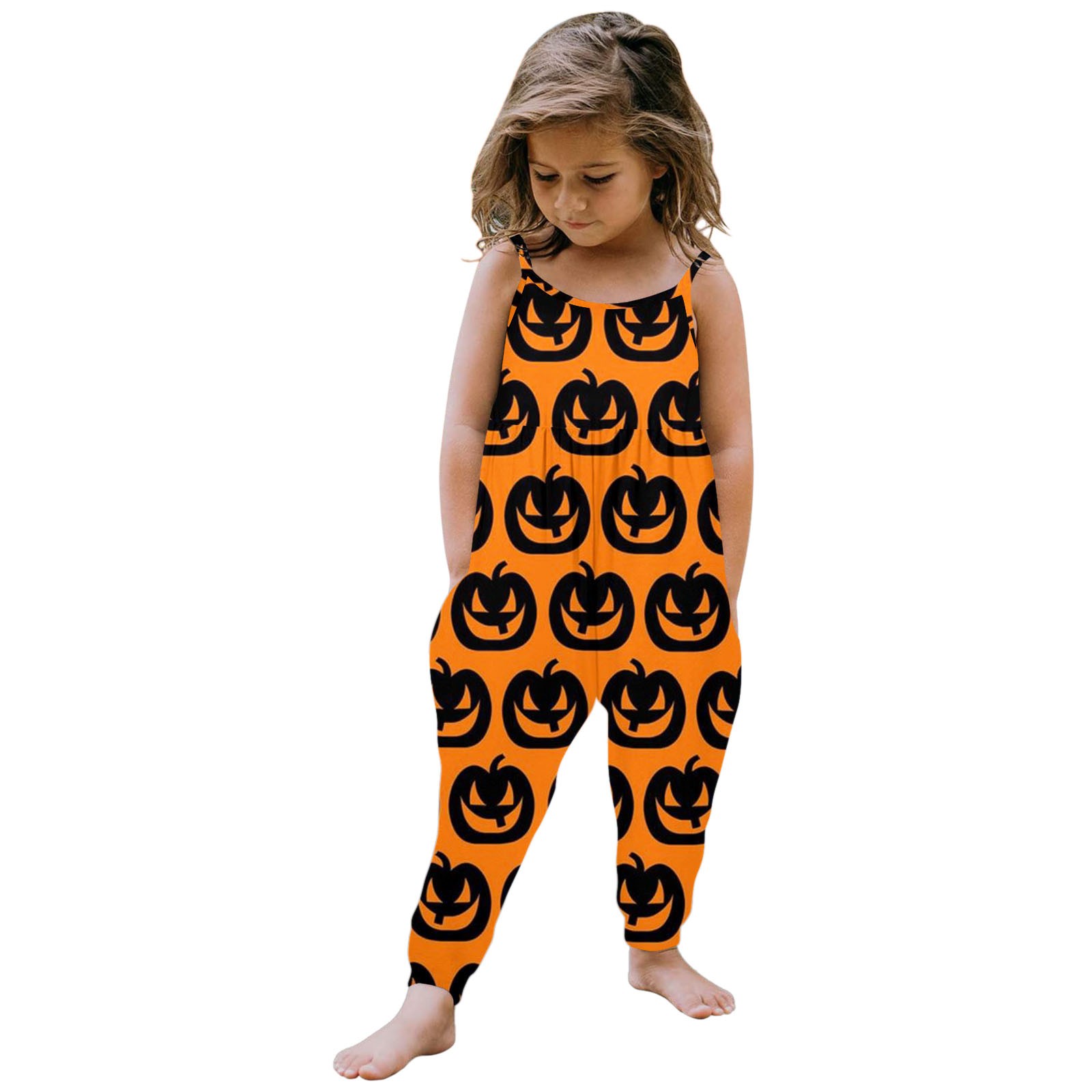 Girls Boys Onesie Fashion Sleeveless Round Neck Cartoon Pumpkin Printed Spaghetti Strap Halloween Jumpsuit Girls Classic Outdoor One-Pieces,Black,2-3 Years